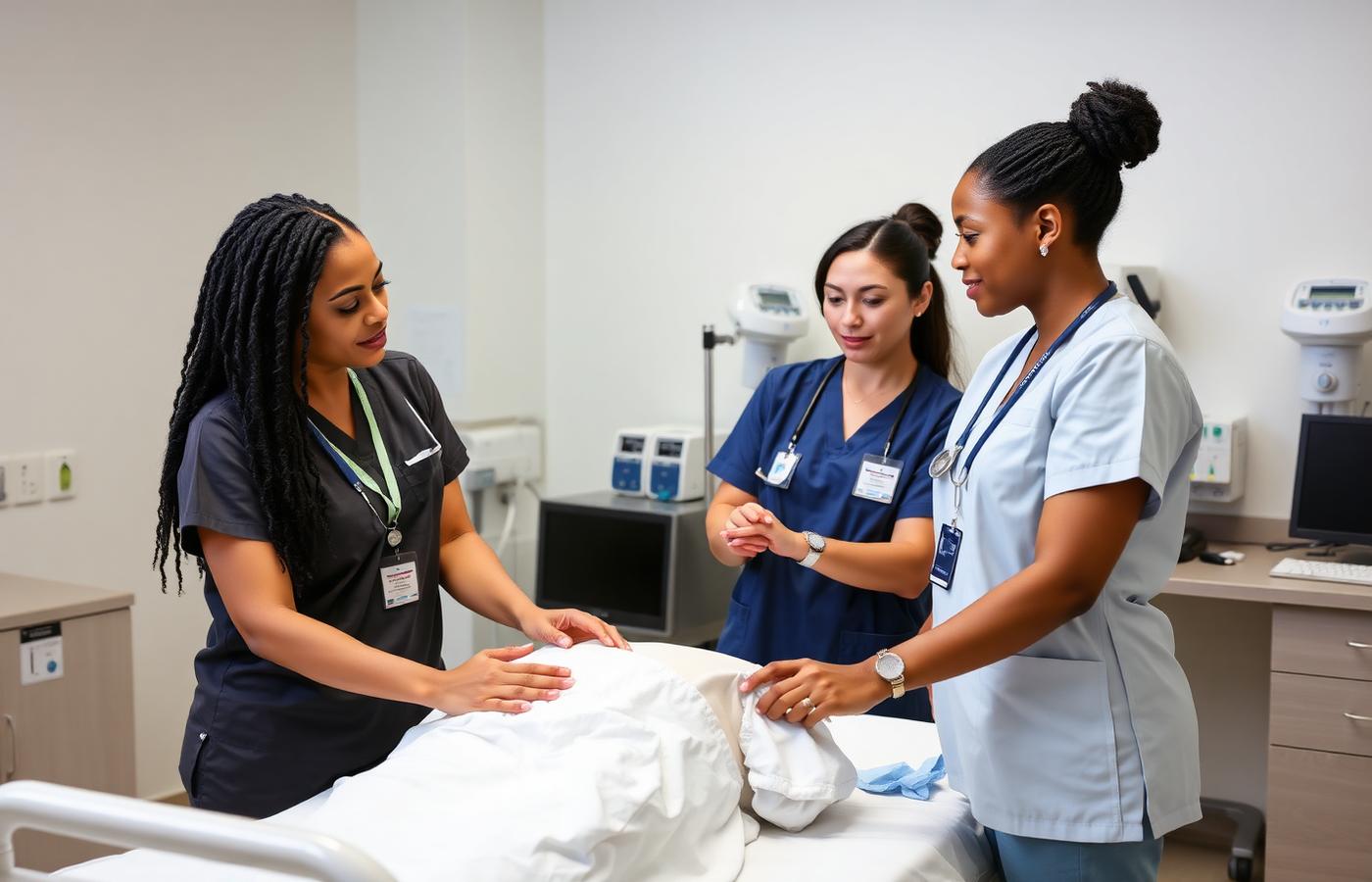 Students practicing clinical skills in a training lab